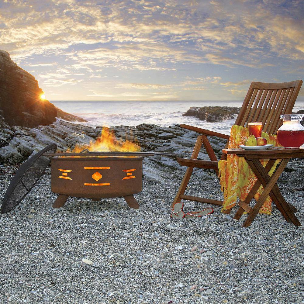 None Mosaic 29 in. x 18 in. Round Steel Wood Burning Fire Pit in Rust with Grill Poker Spark Screen and Cover