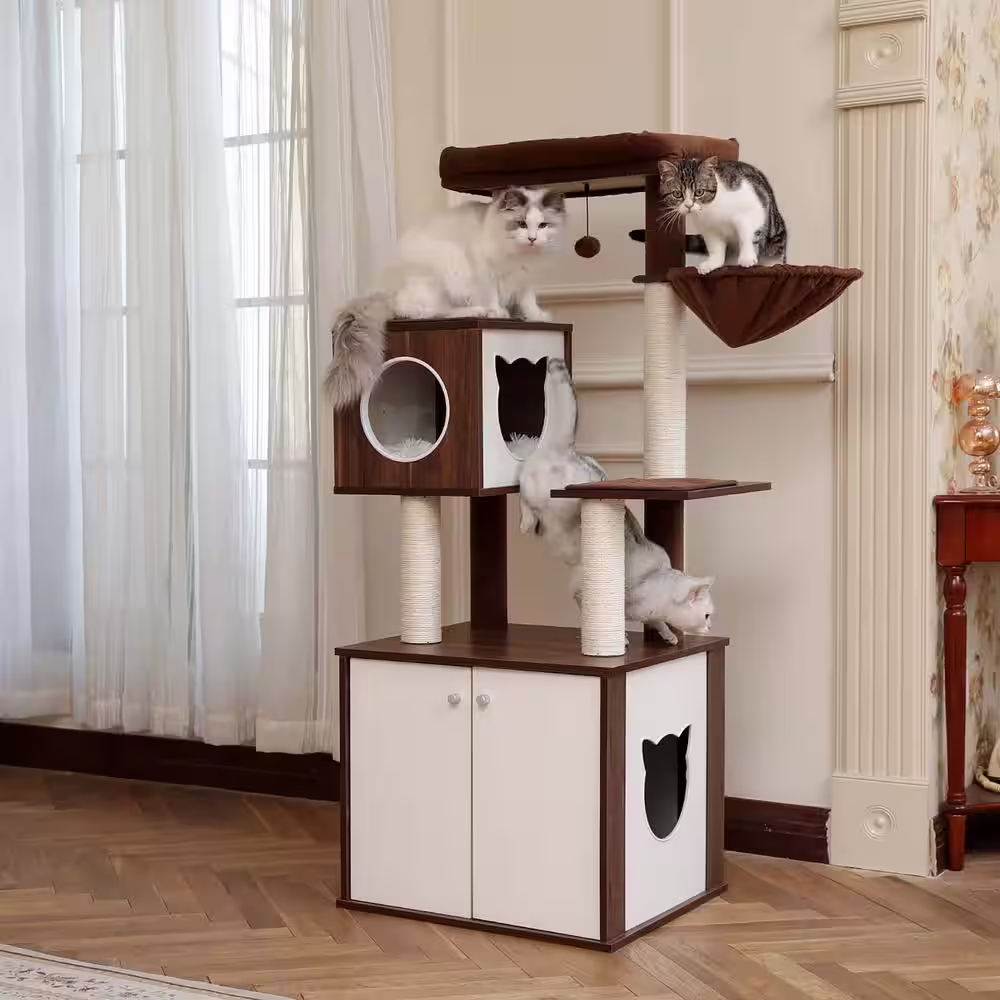 Foobrues Brown Wooden Large Closet Modern Cat Tower Cat House