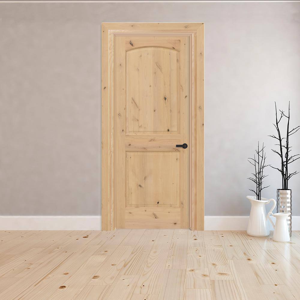 Steves & Sons 30 in. x 80 in. 2-Panel Round Top Left-Hand Unfinished Knotty Alder Single Prehung Interior Door with Bronze Hinges