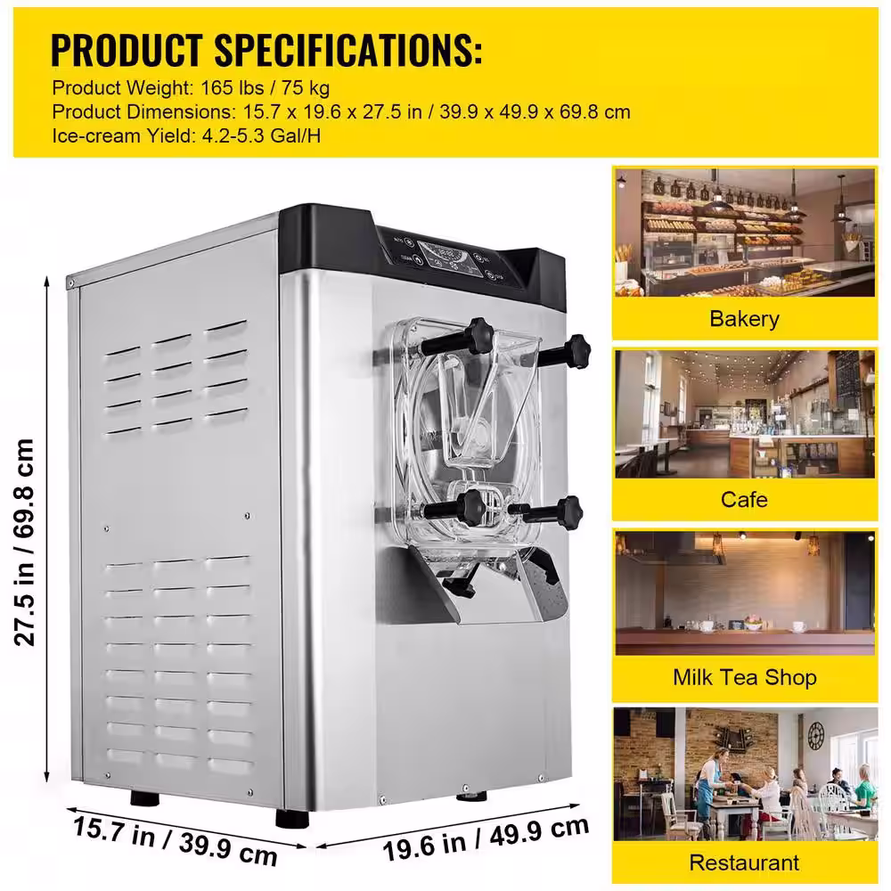 VEVOR Commercial Ice Cream Machine 1400-Watt 20/5.3 Gph One Flavors Hard Serve Ice Cream Maker with LED Display Screen