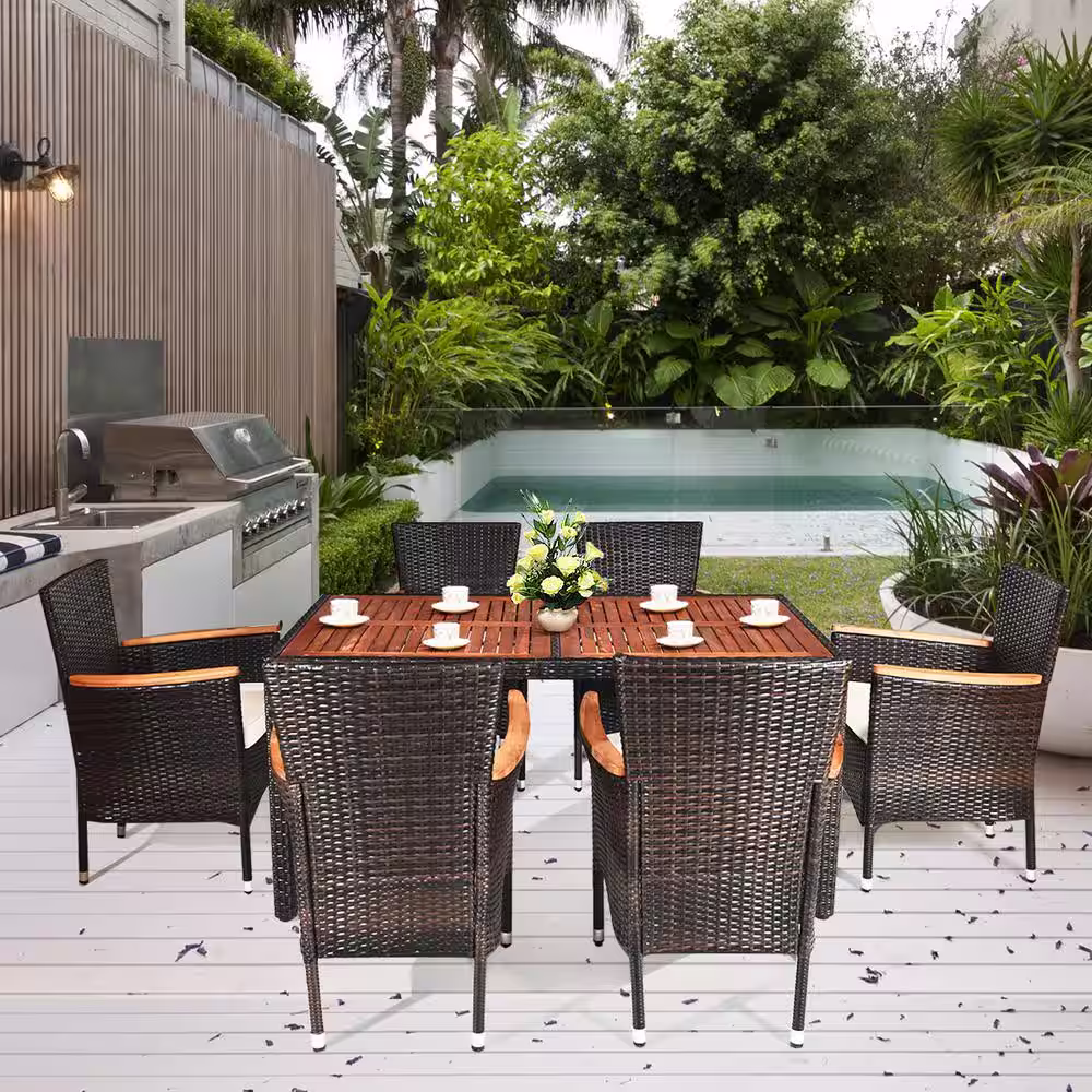 Costway 7-Piece Wicker Rectangle 29 in. Outdoor Dining Set with Beige Cushions