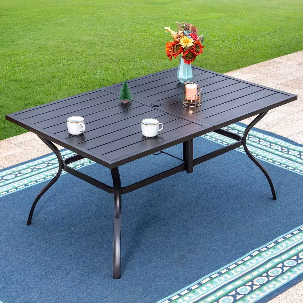 None Black 7-Piece Metal Slat Rectangle Table Outdoor Patio Dining Set with Brown Textilene Chairs