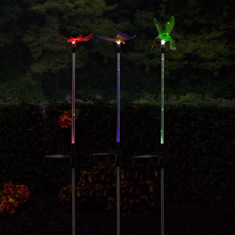 Alpine Corporation 33 in. Tall Butterfly, Hummingbird, Dragonfly Solar Fiber Optic Multi-Colored LED Path Light Garden Stakes (Set of 3)