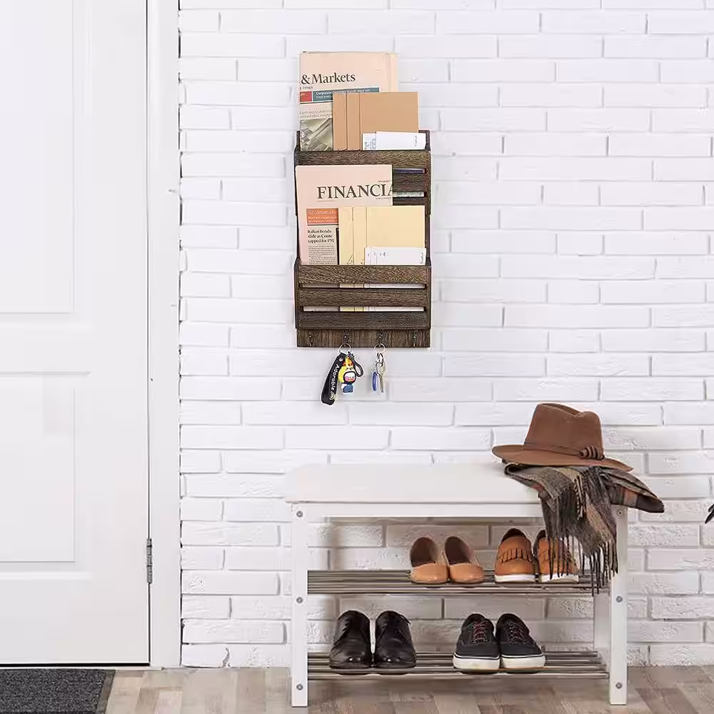None Brown Rustic Mail Key Holder for Wall with 2-Slot Mail 4-Key Hooks Mail Organizer Wall Mount