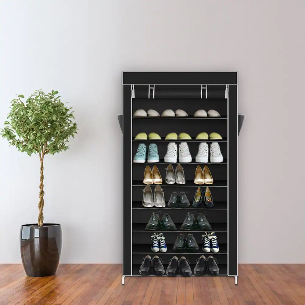 None Waterproof 63 in. H x 11.81 in. W 32-Pair Black Fabric Shoe Rack with Dustproof Cover