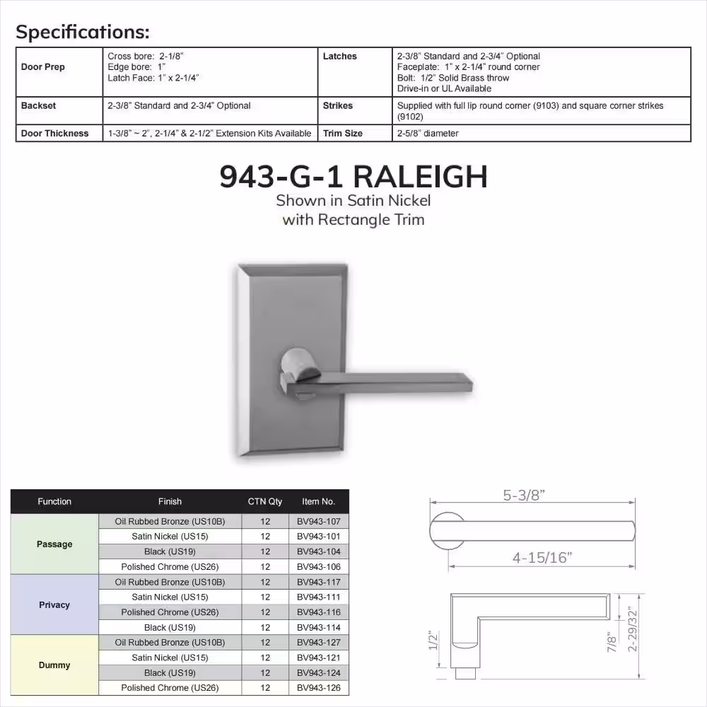 None Bravura Raleigh 943G-1 Passage (Hall/Closet) Door Lever Black w/ Rectangle Trim