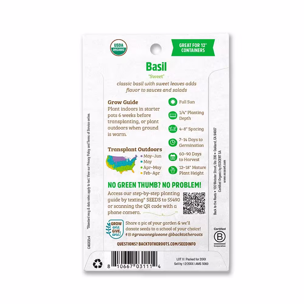 Back to the Roots Organic Sweet Basil Seed (1-Pack)