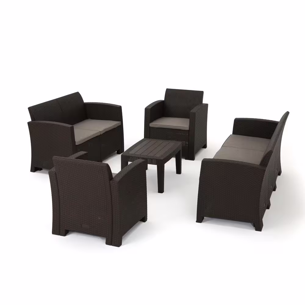 Noble House 5-Piece Faux Wicker Patio Conversation Set with Mixed Beige Cushions