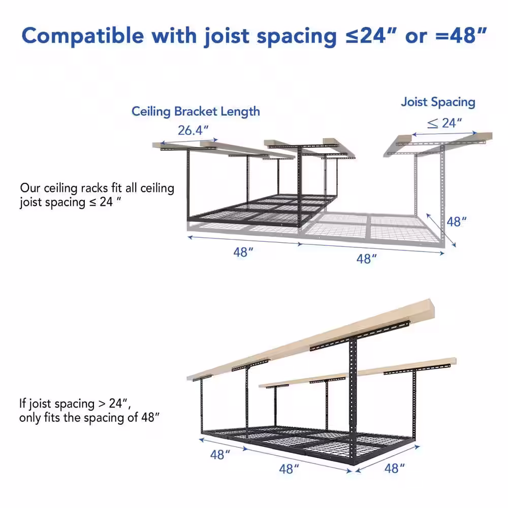 FLEXIMOUNTS Adjustable Height Overhead Ceiling Mount Garage Rack in Black (96 in. W x 48 in. D)