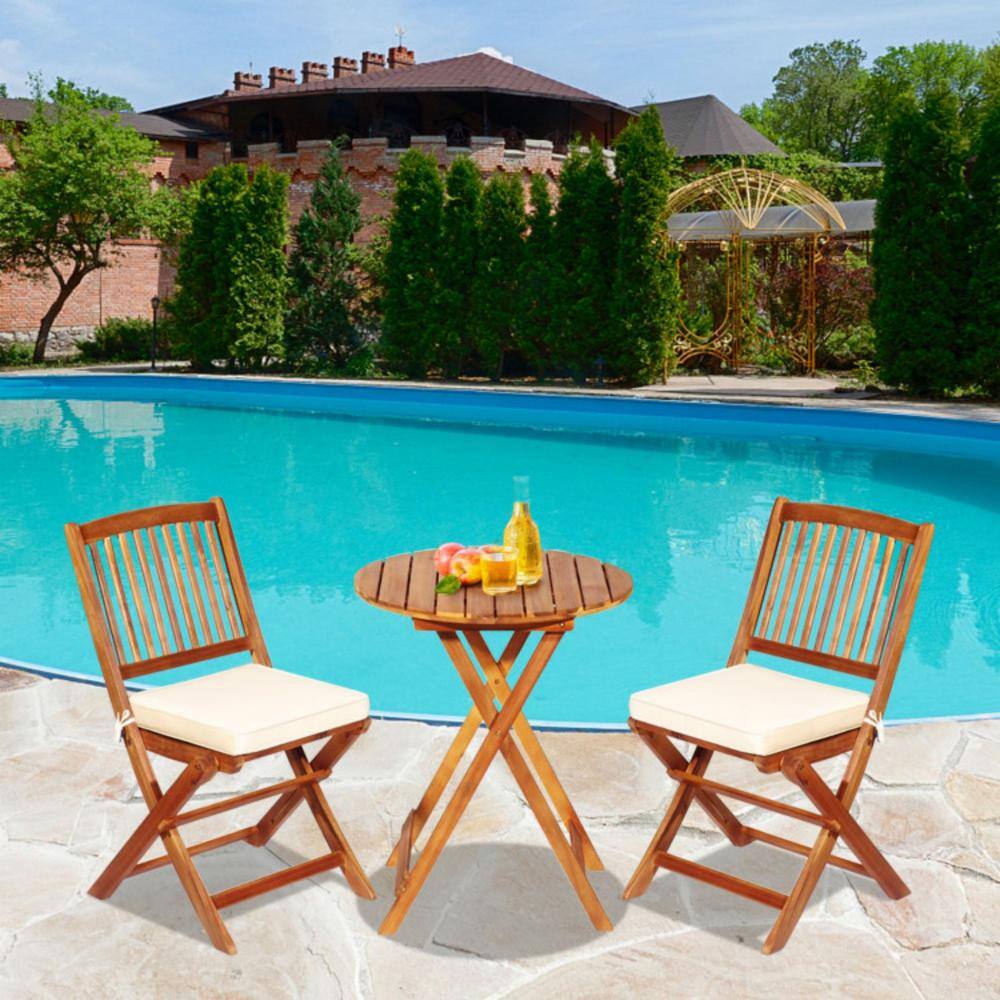 Clihome 3-Piece Acacia Wood Patio Conversation Set Folding Bistro Set with White Padded Cushion and Round Coffee Table