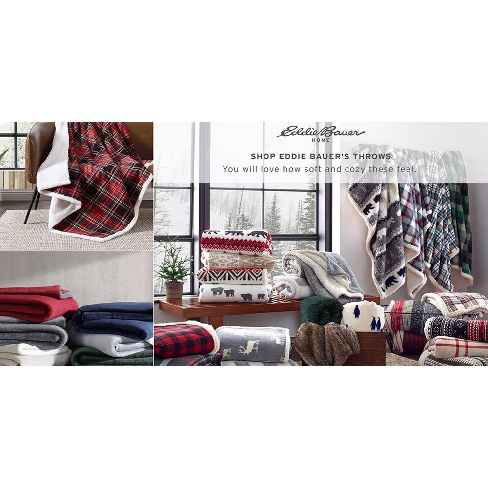 EDDIE BAUER Mountain Tartan 1-Piece Red Sherpa Cotton 50 in. x 60 in. Throw Blanket