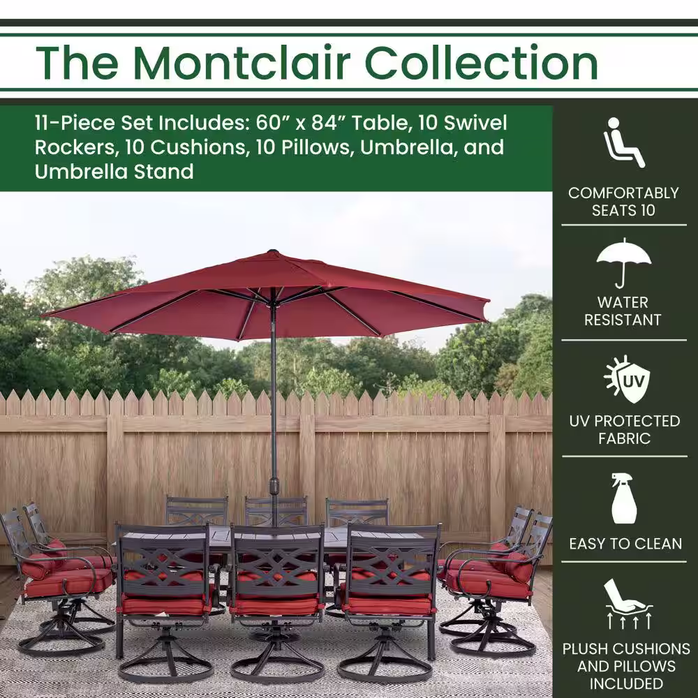 Hanover Montclair 11-Piece Steel Outdoor Dining Set with Chili Red Cushions, 10 Swivel Rockers, 60x84 in. Table and Umbrella
