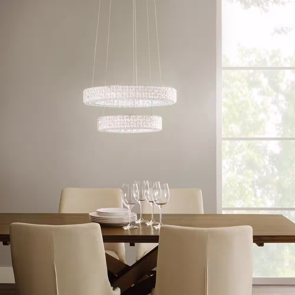 Home Decorators Collection Wesley Park 150-Watt Integrated LED Chrome Pendant Hanging Light with Clear Round Acrylic Ring Shades