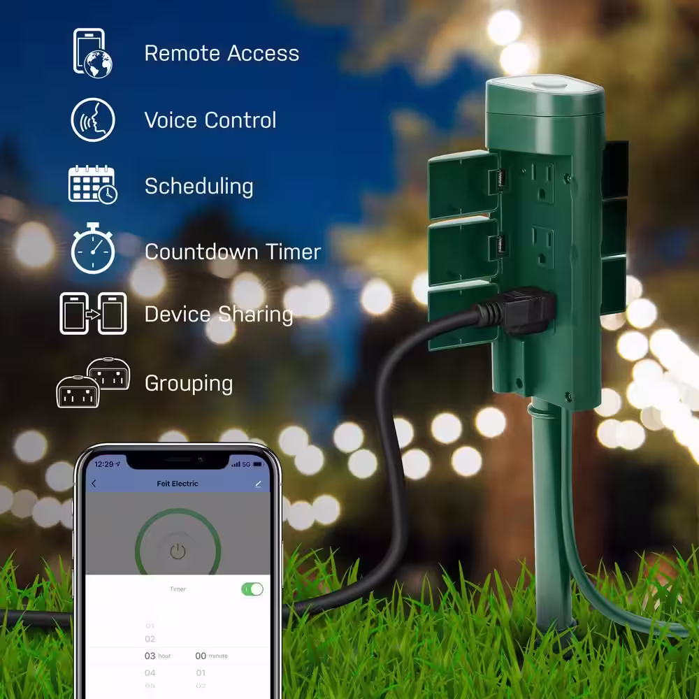 Feit Electric 6 ft. Cord 15-Amp 6-Outlet Alexa / Google Assistant Compatible Smart Wi-Fi Outdoor Power Yard Stake, Green (12-Pack)