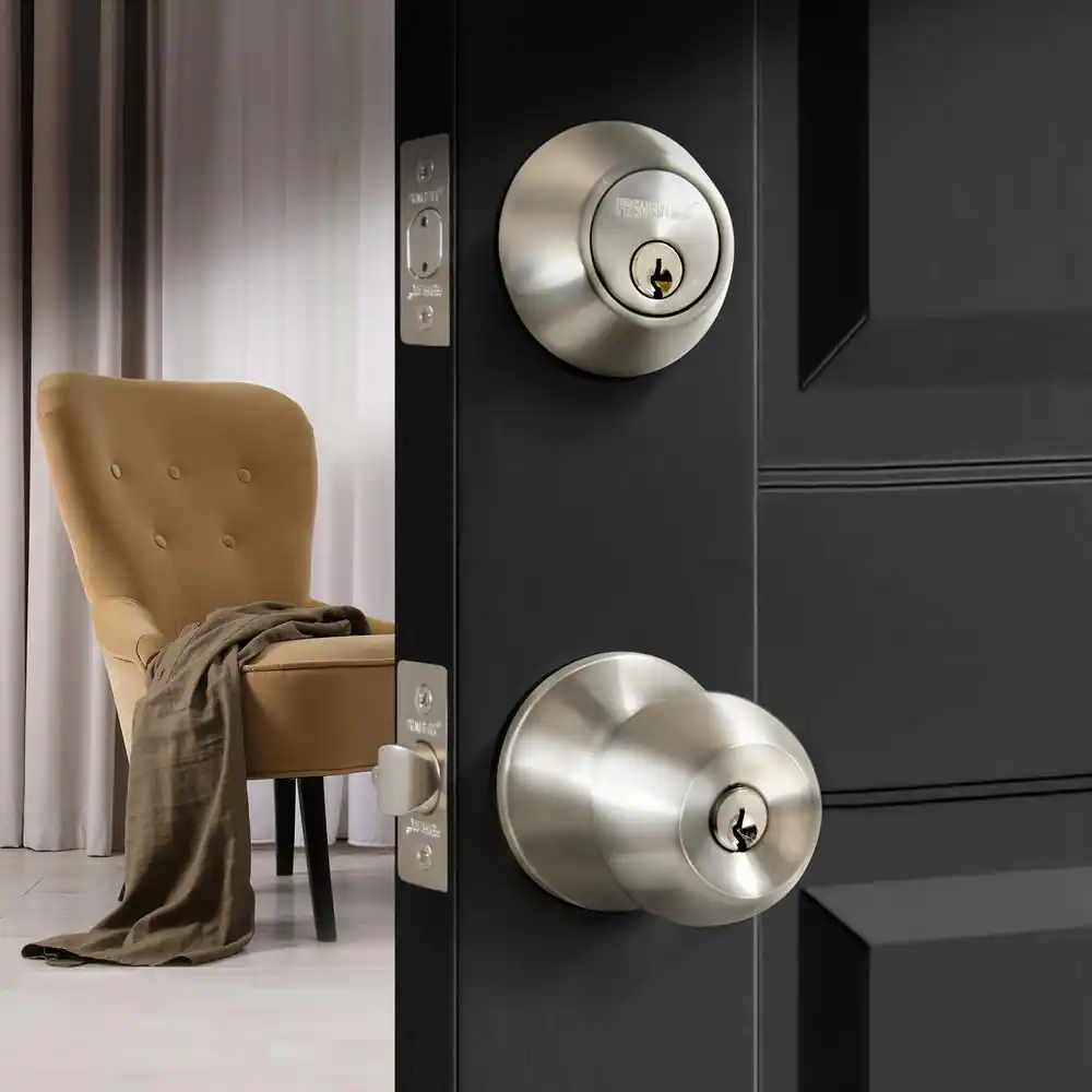 Premier Lock Stainless Steel Entry Door Knob Combo Lock Set with Deadbolt and 18 Keys Total, (3-Pack, Keyed Alike)