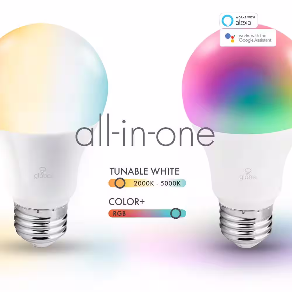 Globe Electric Wi-Fi Smart 60W Equivalent Color Changing RBG Tunable White LED Light Bulb, No Hub Required, A19, E26 (2-Pack)