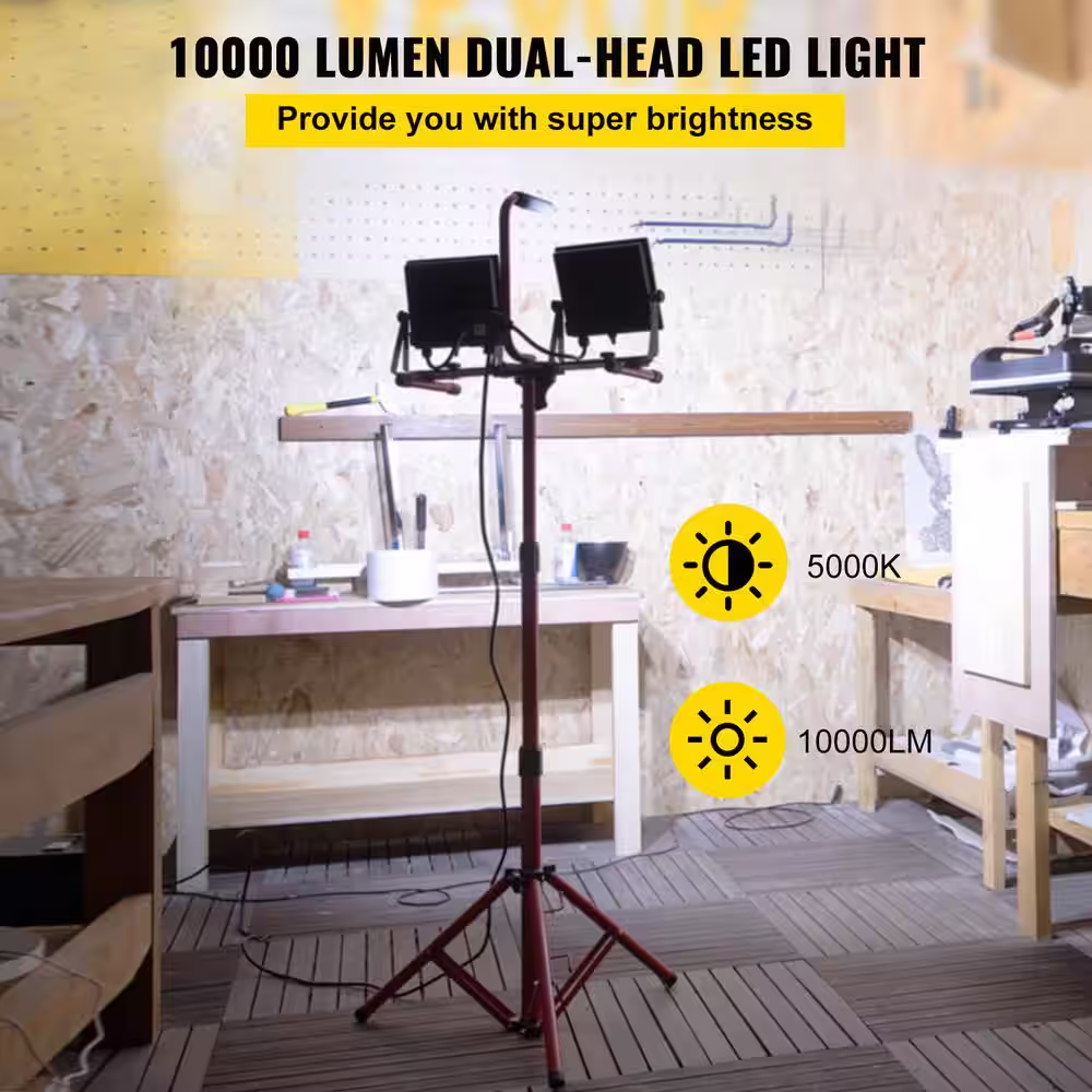 VEVOR 2-Piece Handheld Work Light 10000 Lumens Dual-head LED Jobsite Lighting with Adjustable and Foldable Tripod Stand