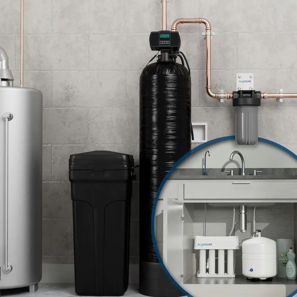 AQUASURE Whole House Filtration with 64,000 Grain Water Softener, Reverse Osmosis System and Sediment-GAC Pre-filter