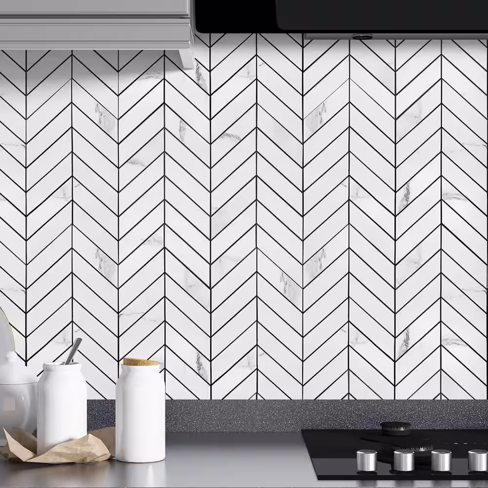 Art3d Herringbone White Marble 12.4 in. x 12.2 in. PVC Peel and Stick Tile for Kitchen, Bathroom (11 sq. ft./Pack)