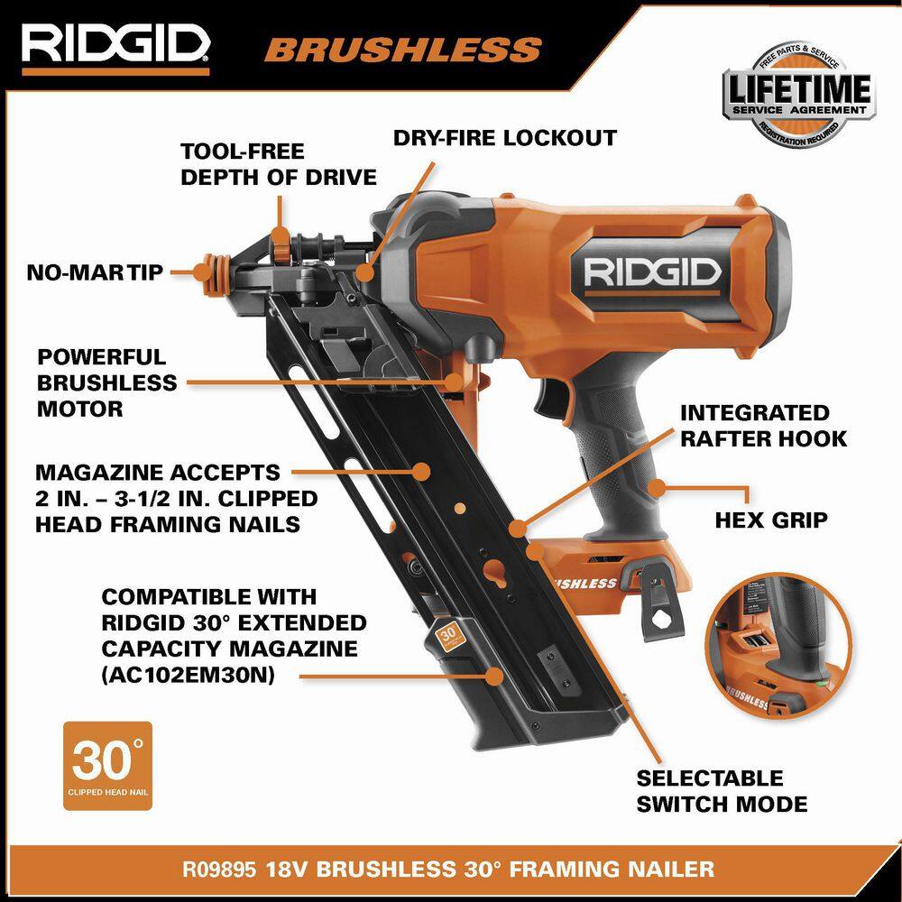 RIDGID 18V Brushless Cordless 30-Degree 3-1/2 in. Framing Nailer Kit with 4.0 Ah MAX Output Lithium-Ion Battery and Charger