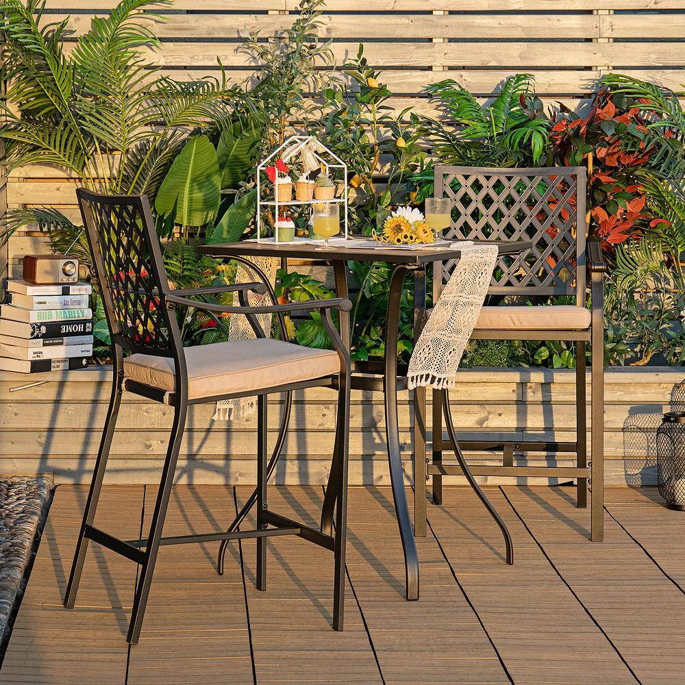 Costway 3-Piece Wood Square 36.5 in. Outdoor Bistro Set Armrest Chairs with Beige Cushions