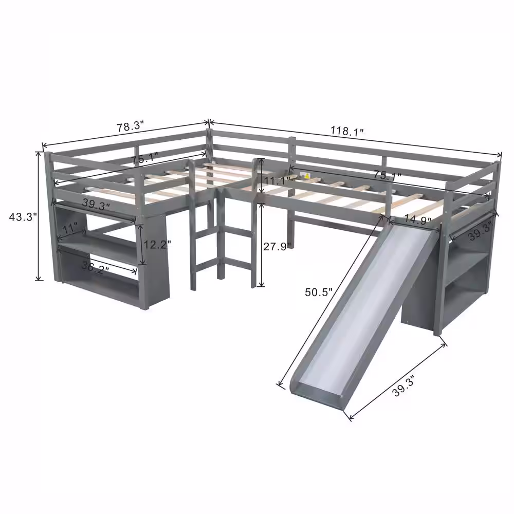 Harper & Bright Designs Gray L-Shaped Twin Size Wood Loft Bed with Ladders and Slide