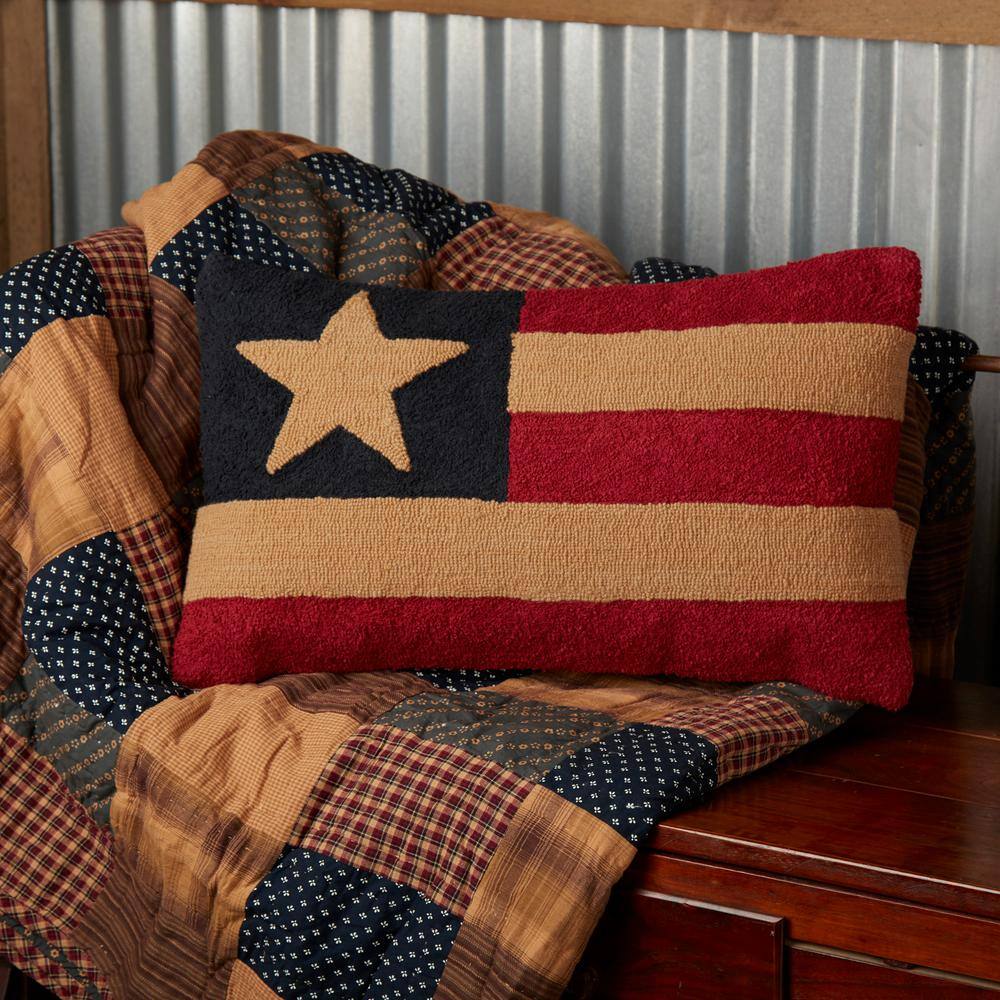 VHC BRANDS Patriotic Patch Deep Red Navy Khaki Primitive Flag Hooked 14 in. x 22 in. Throw Pillow