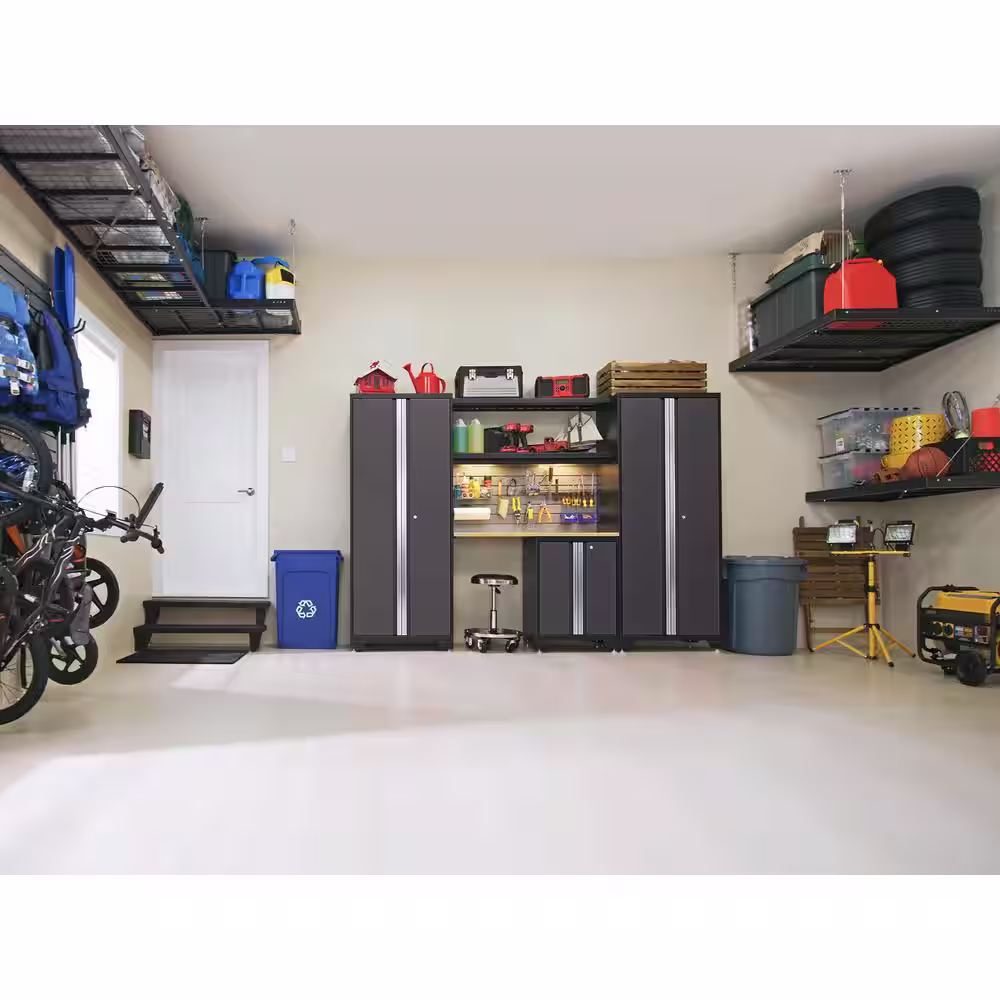 NewAge Products Bold Series 9-Piece 24-Gauge Stainless Steel Garage Storage System in Charcoal Gray (132 in. W x 77 in. H x 18 in. D)