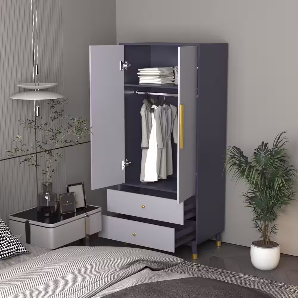 None Gray Armoire with 2-Drawers, Hanging Rod and Gold Metal Handles 70.9 in. H x 19.1 in. W x 31.5 in. D