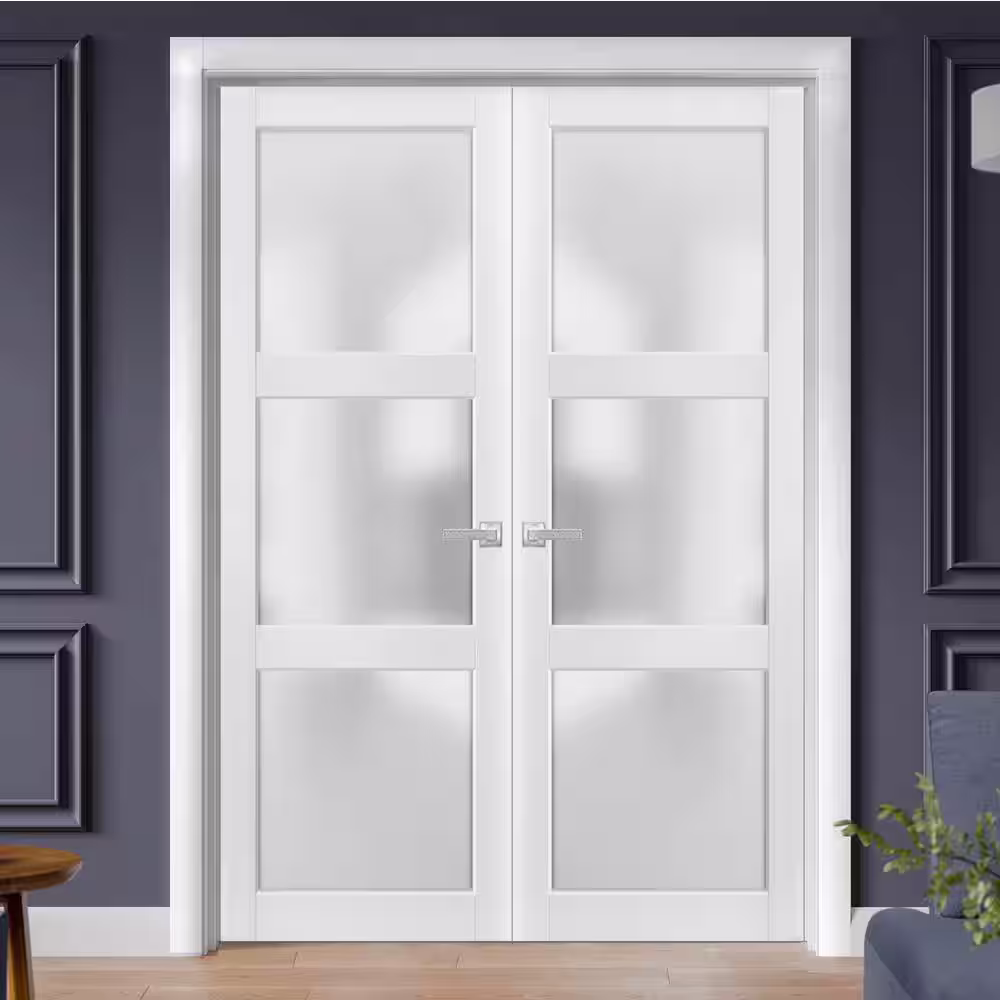Sartodoors 2552 48 in. x 84 in. Universal Handling 3-Lite Frosted Glass Solid White Finished Pine Wood Interior Door Slab