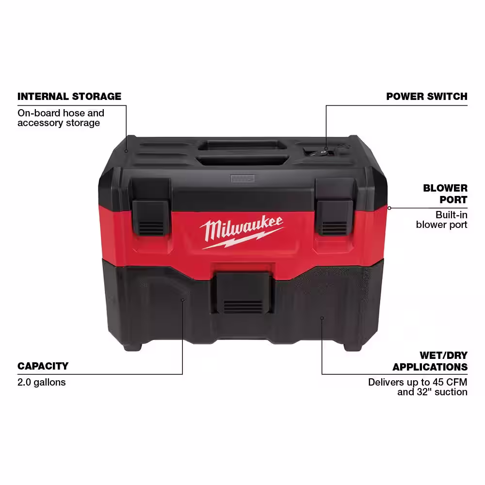 Milwaukee M18 18-Volt 2 Gal. Lithium-Ion Cordless Wet/Dry Vacuum and AIR-TIP Flexible Hose Set Wet/Dry Vacuum Attachment