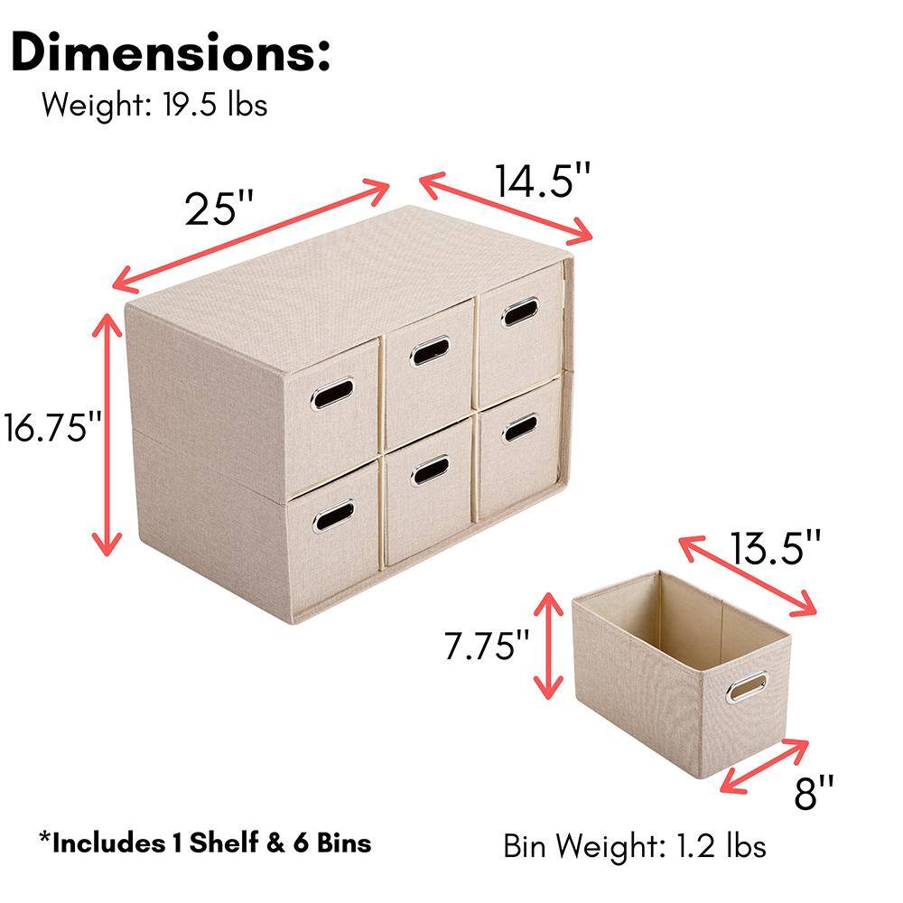 BirdRock Home 25 in. H x 14.5 in. W x 16.75 in. D Cream Fabric Linen 6 Cube Organizer Shelf with Storage Bins