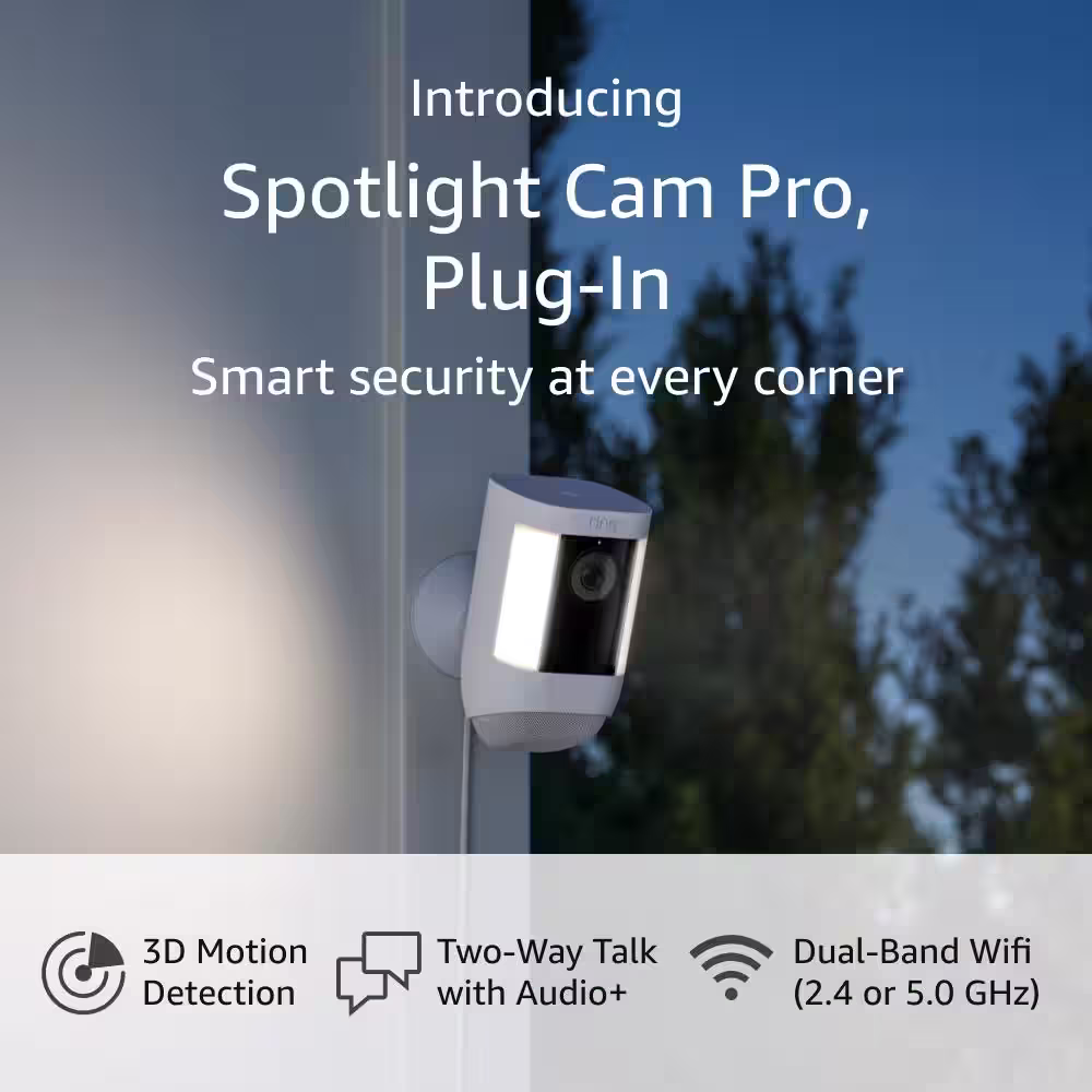 Ring Spotlight Cam Pro, Plug-In - Smart Security Video Camera with LED Lights, Dual Band Wifi, 3D Motion Detection, Black