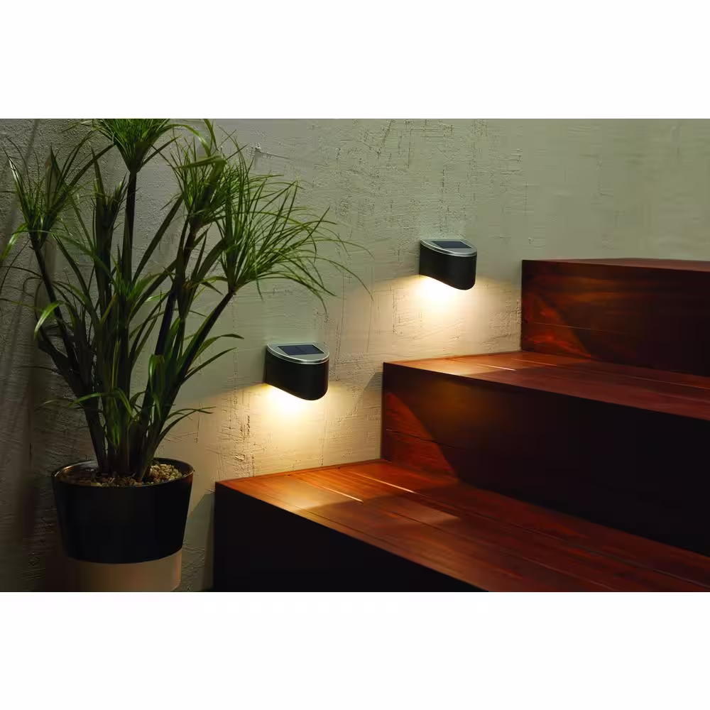 Hampton Bay 2-Toned Black Integrated LED Outdoor Solar Deck Rail Light with Brushed Nickel Top (2-Pack)