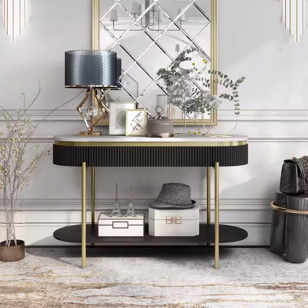 Furniture of America Kivelle 47.75 in. Dark Walnut and White Oval Wood Console Table with Drawer