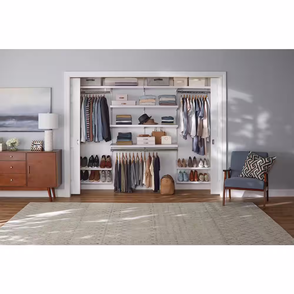 Everbilt Genevieve 8 ft. White Adjustable Closet Organizer Long and Short Hanging Rods with 6 Shelves and Double Shoe Racks