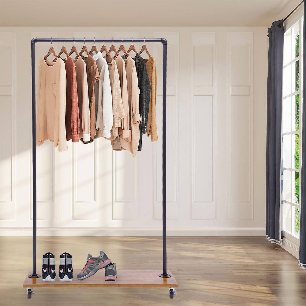 None Freestanding Rolling Black Iron Clothes Rack Display Stand with Top Rail & Lower Shelf 39.3 in. W x 63 in. H