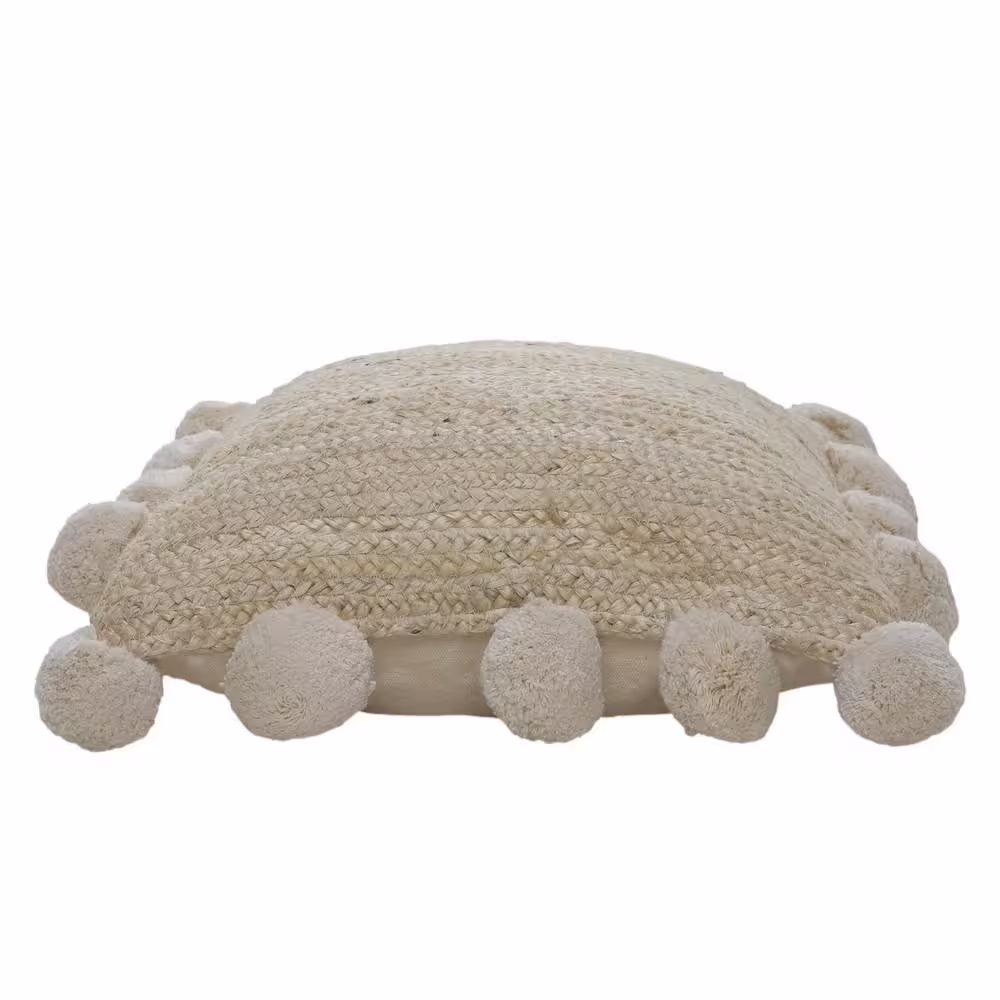 LR Home Rustic Beige Braided Pom Pom Natural Jute Durable Poly-Fill 20 in. x 20 in. Throw Pillow