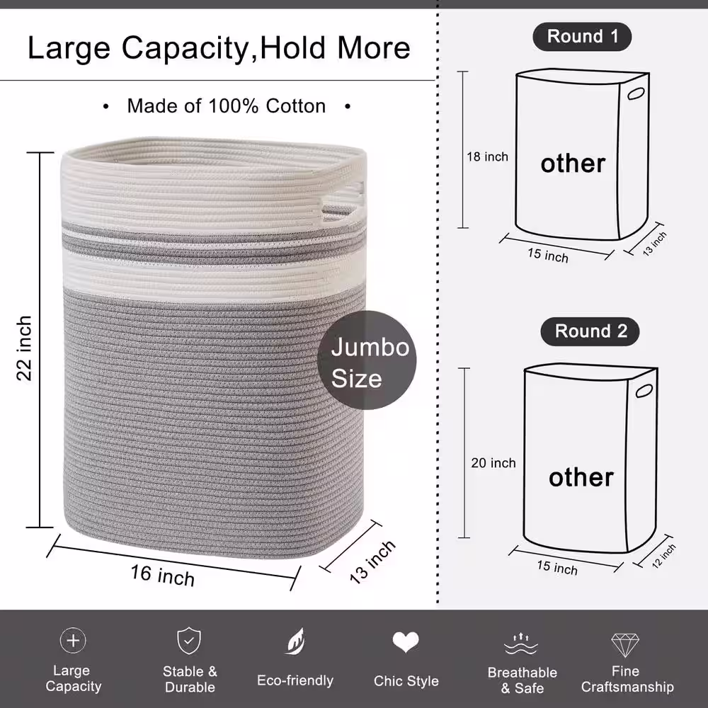 None 16 in. W x 13 in. D x 22 in. H Cotton Laundry Basket Hamper with Handles Gray