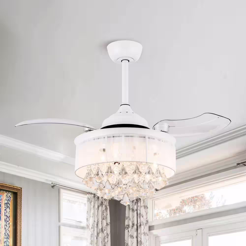 Parrot Uncle Broxburne 36 in. Indoor Modern Retractable White Crystal Ceiling Fan with Remote Control and Light Kit