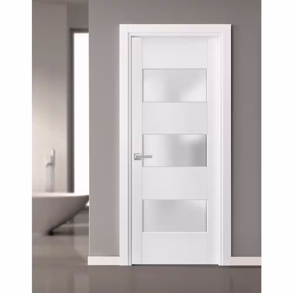 Sartodoors 4070 28 in. x 80 in. Single Panel No Bore Frosted Glass White Finished Pine Wood Interior Door Slab