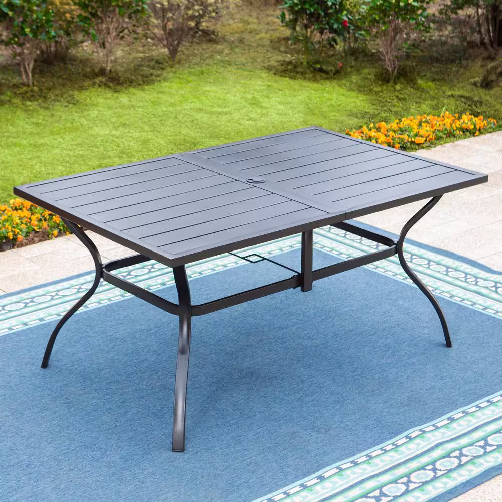 PHI VILLA Black 7-Piece Metal Outdoor Patio Dining Set with Slat Rectangle Table and Modern Stackable Chairs