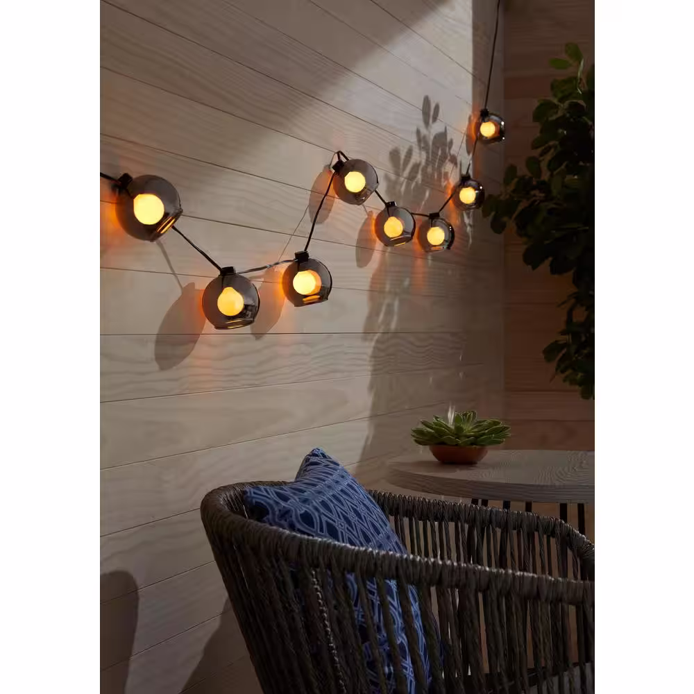 Hampton Bay 8-Light 10 ft. Black Indoor/Outdoor Plug-In String Lights with Smoky Glass Shades and Incandescent Bulbs (2-Pack)