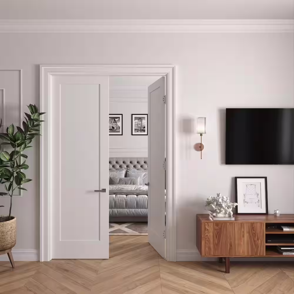 RESO 56 In. x 96 In.Bi-Parting Solid Core Primed White Composite Double Pre-hung French DoorCatch Ball Chrome Hinges