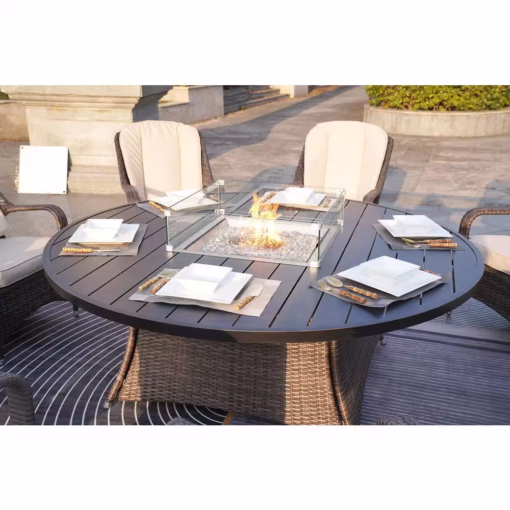 DIRECT WICKER ELLE Brown 9-Piece Wicker Patio Conversation Fire Pit Set with Beige Cushions