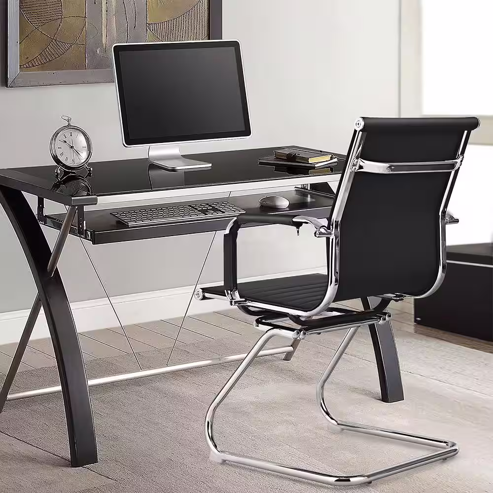 Costway Set of 2 Black Faux Leather Seating Office Guest Chairs Waiting Room Chairs