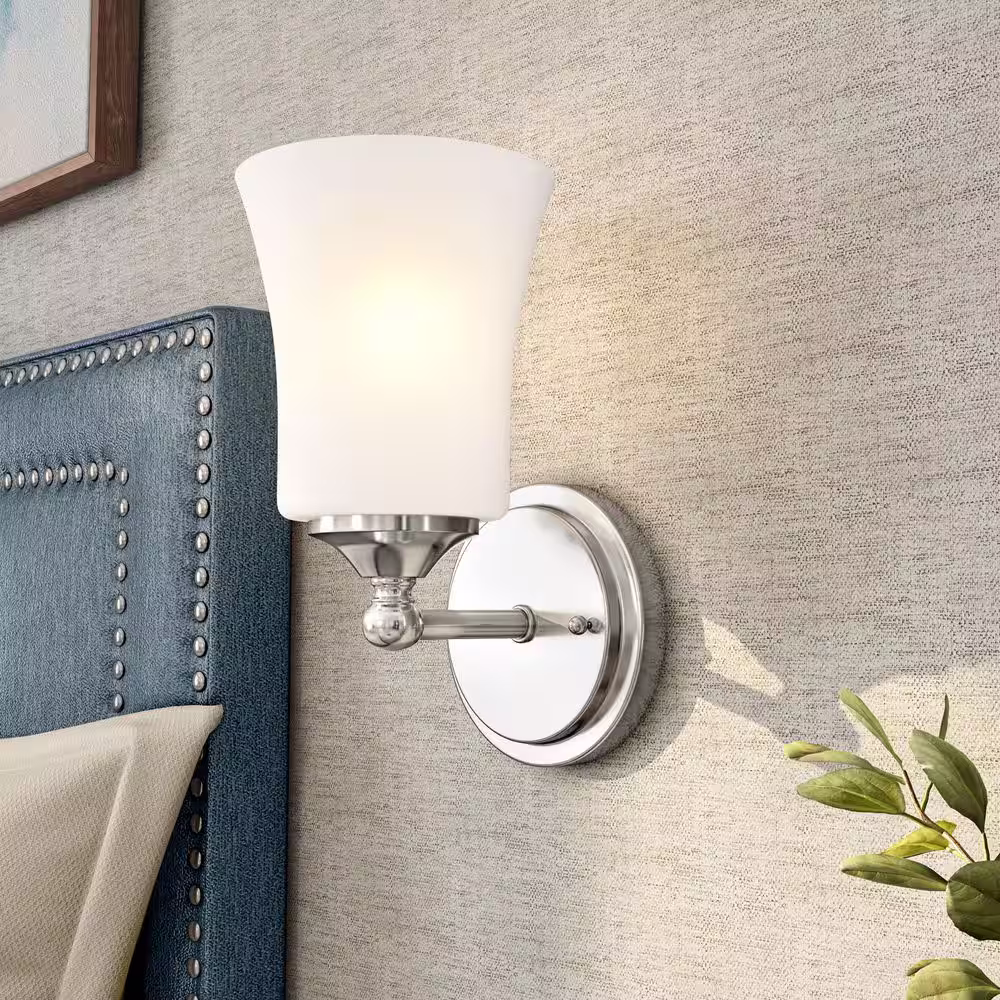 Designers Fountain Bronson 9.5 in. 1-Light Brushed Nickel Wall Sconce with Etched Glass Shade