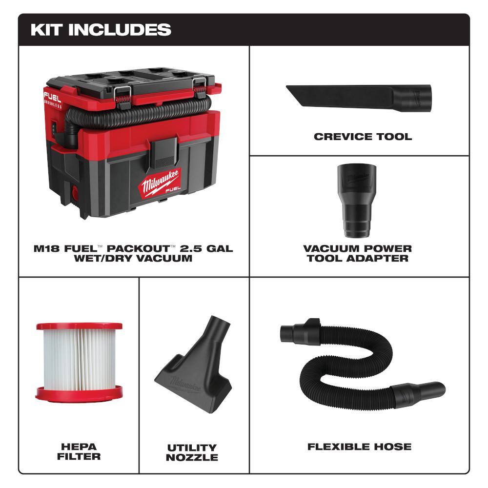 Milwaukee M18 FUEL PACKOUT 18-Volt Lithium-Ion Cordless 2.5 Gal. Wet/Dry Vacuum w/M18 High Output 12.0Ah and (2) 3.0Ah Batteries