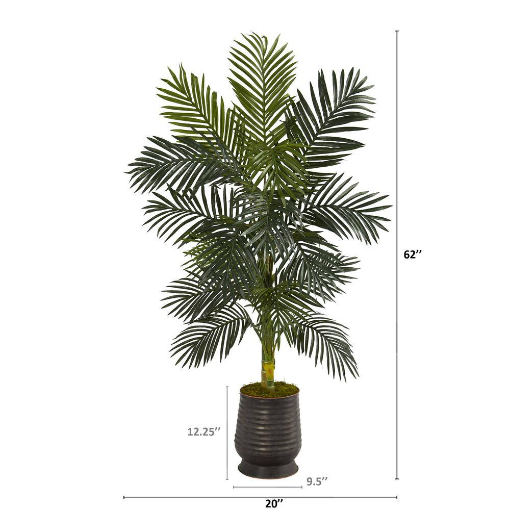 Nearly Natural 62 in. Golden Cane Artificial Palm Tree in Ribbed Metal Planter