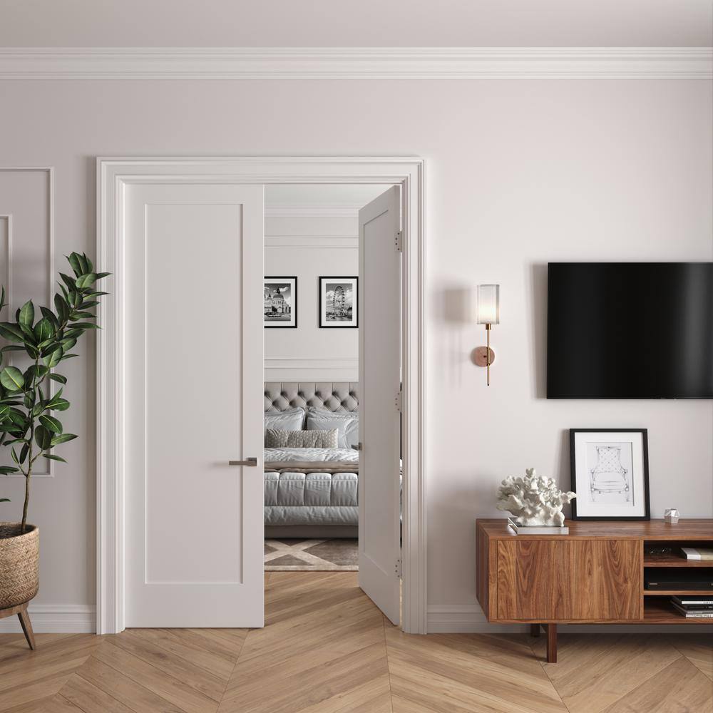 RESO 72 In. x 96 In.Bi-Parting Solid Core Primed White Composite Double Pre-hung French DoorCatch Ball Chrome Hinges